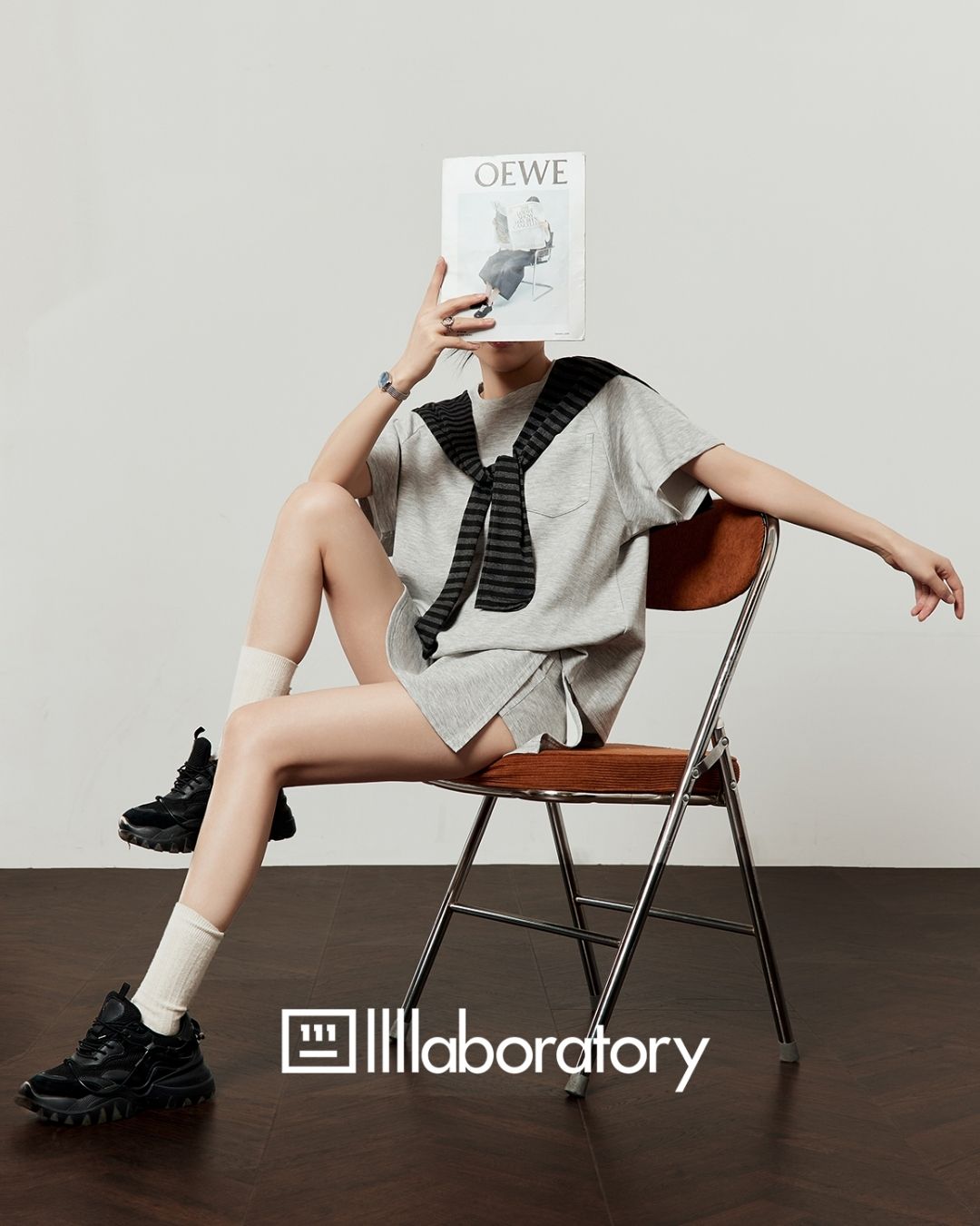 Loose T-shirt & Shorts & Border Shawl Set　TP073