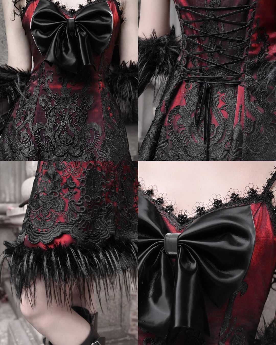 Black Lace Leather Ribbon Dress　DR034