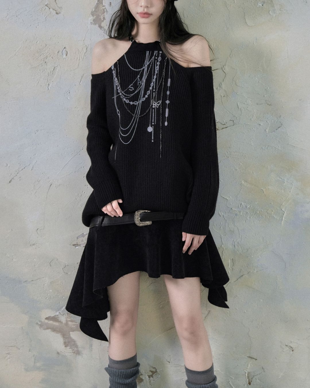 Leather And Suede Metallic Belt Asymmetric Skirt　BT019