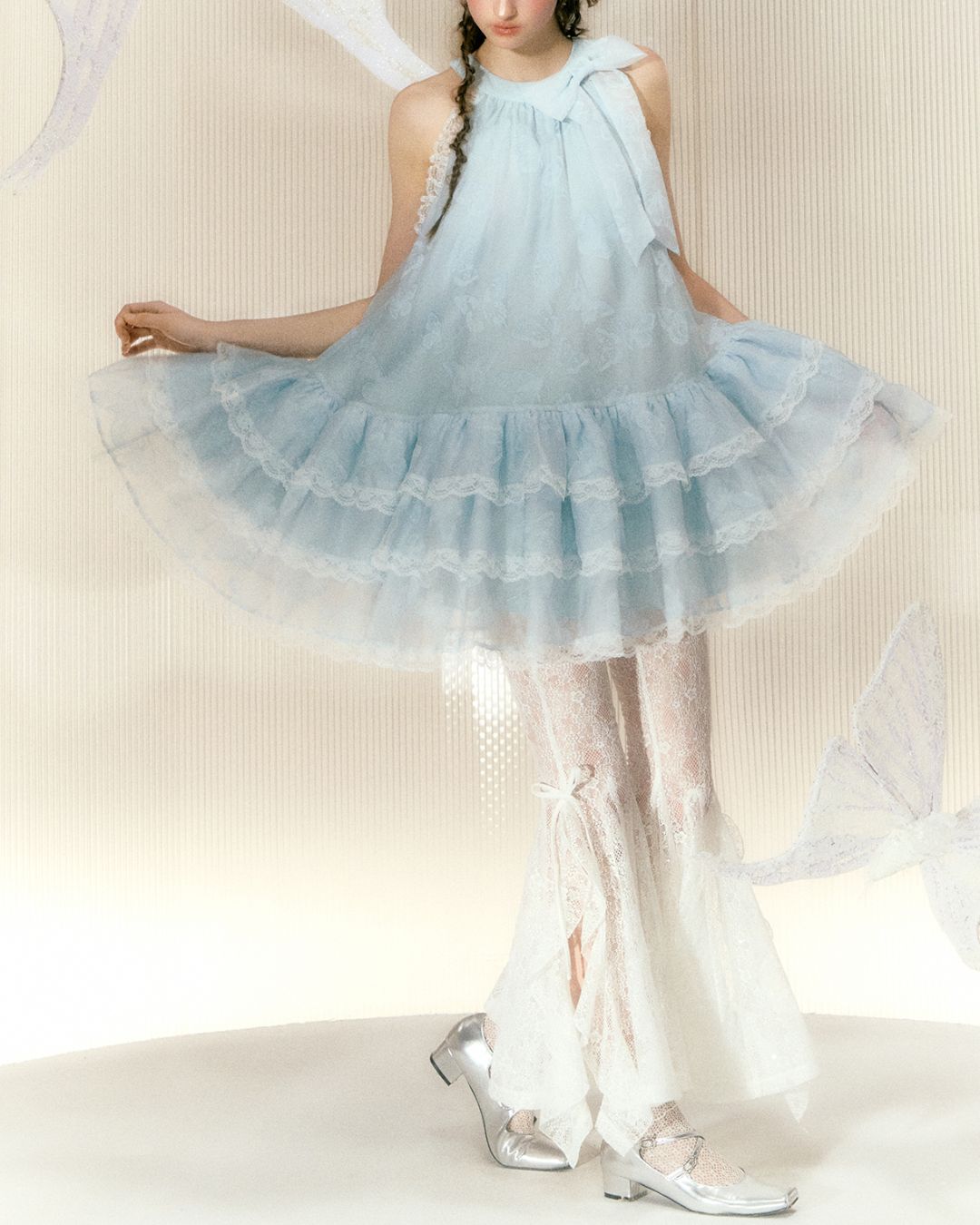 Halter Neck Butterfly Print Organza Lace Mini Dress　DR028