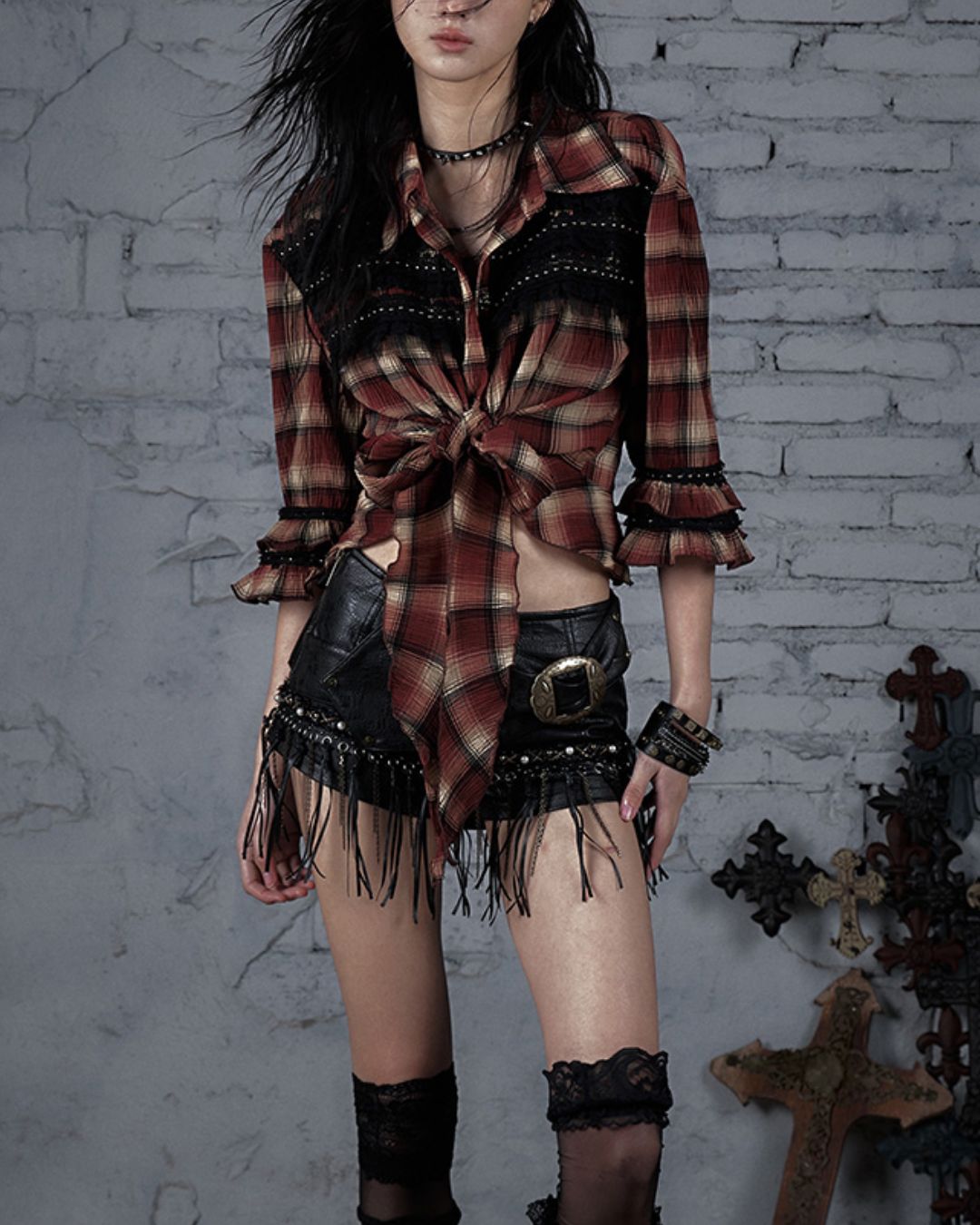 3/4 Sleeve Front Tie Check Shirt　TP043