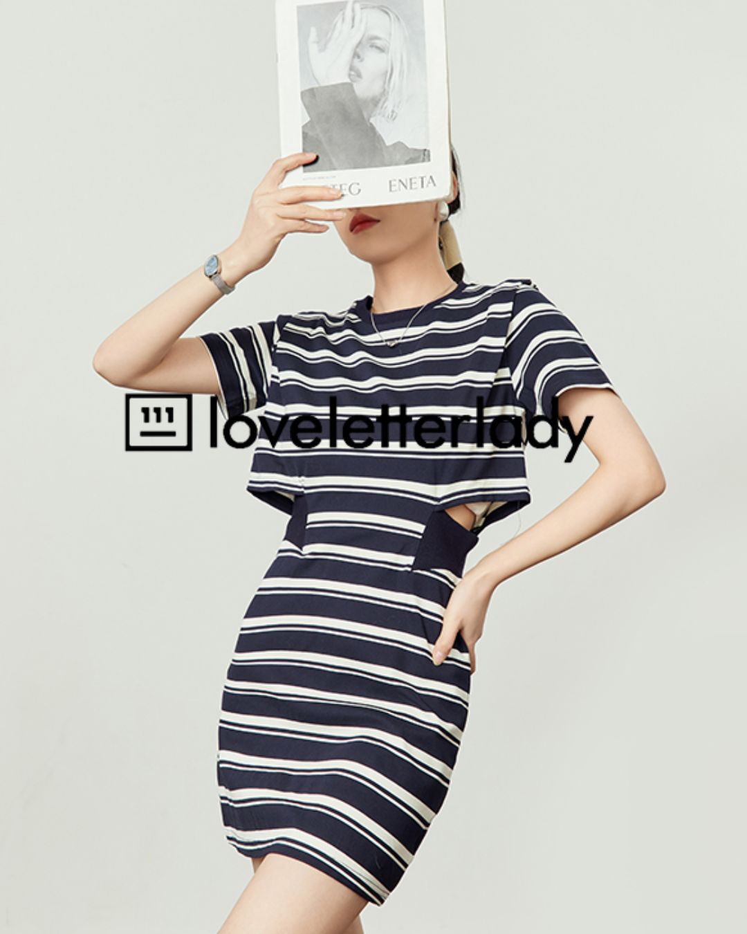 Side Open Waist Border T-shirt Dress　DR050