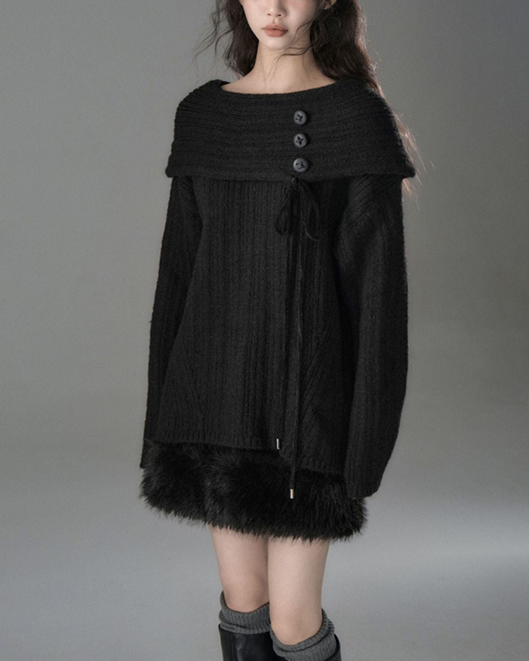 Button Ribbon Off Shoulder Knit　TP022