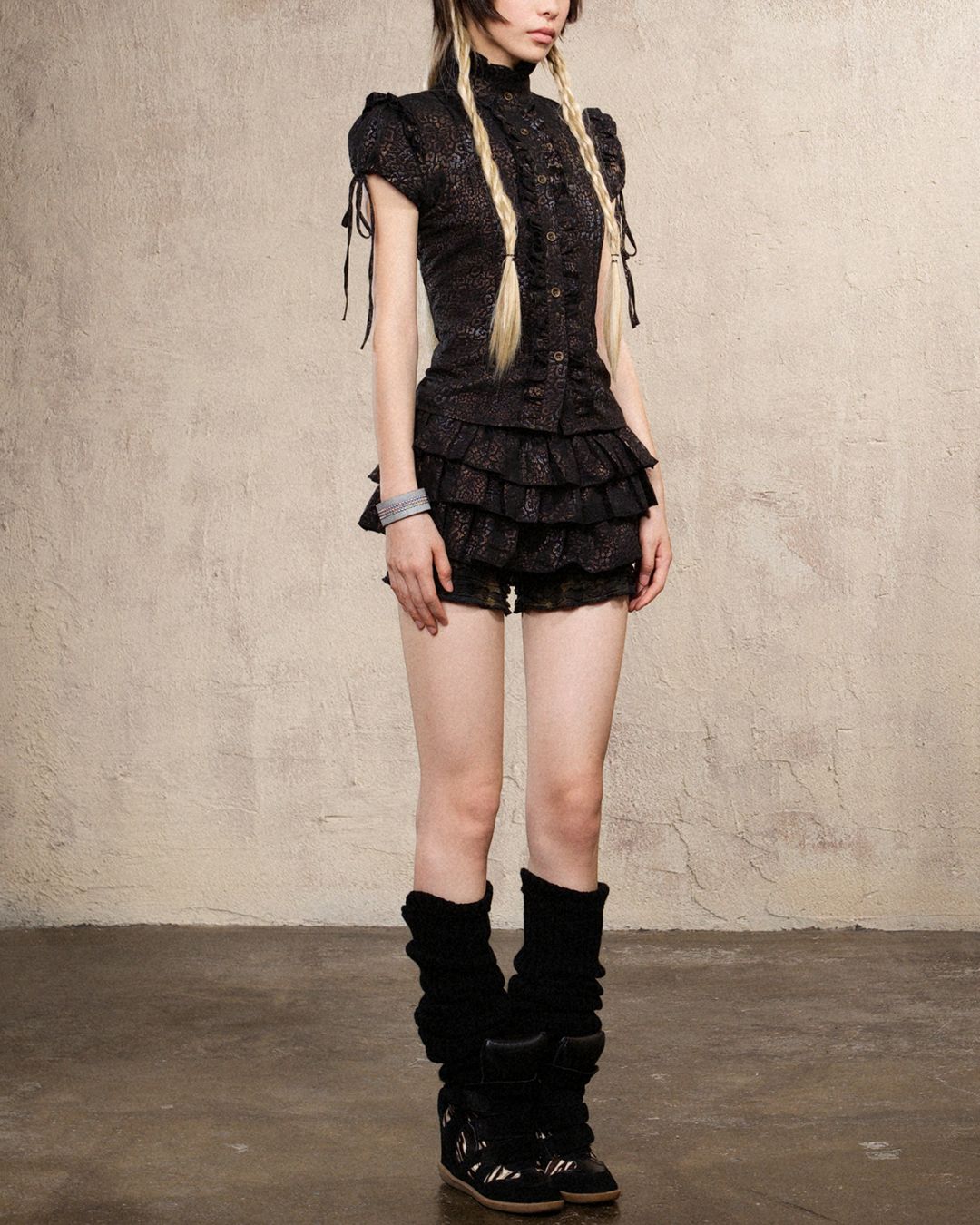 Stand Collar Leopard Print Frill Shirt　TP051