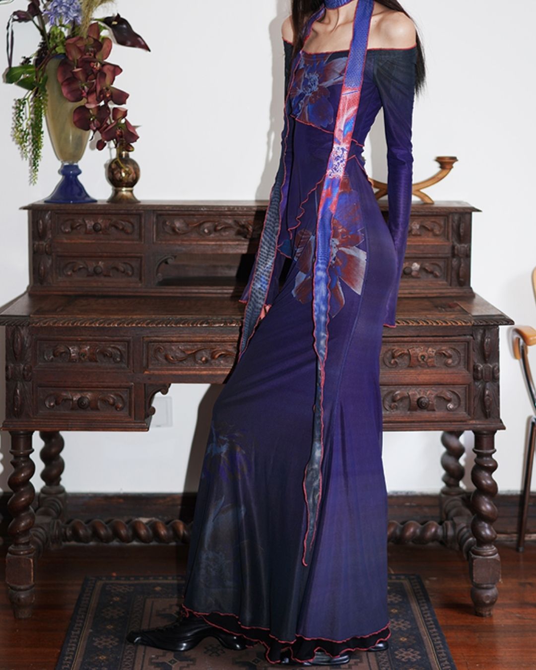 Flower Printed 2-way Long Dress　DR016