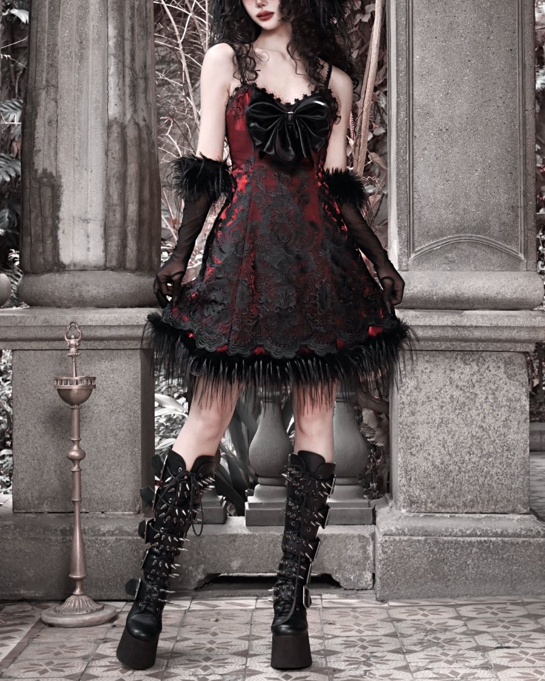 Black Lace Leather Ribbon Dress　DR034