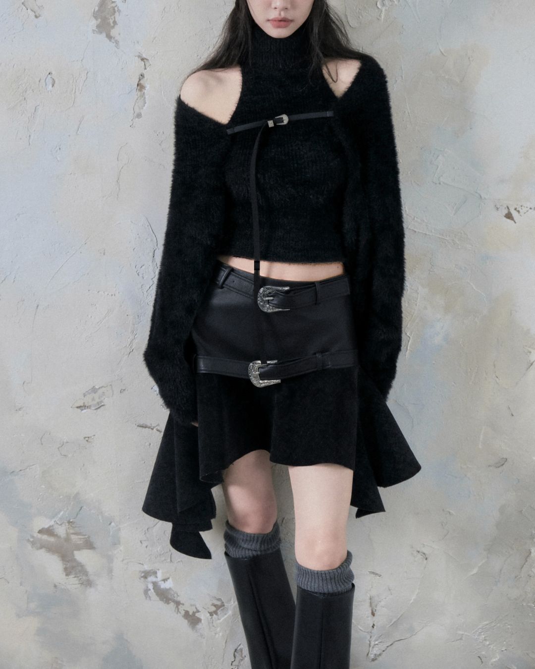 Leather And Suede Metallic Belt Asymmetric Skirt　BT019