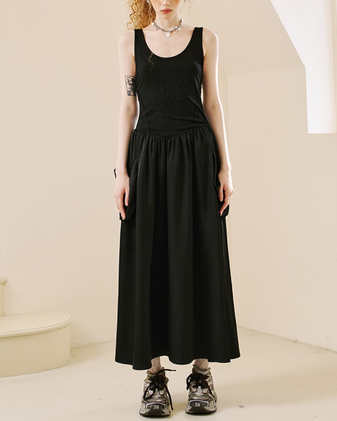 Swallow Embroidery Big Pocket Long Dress　DR036