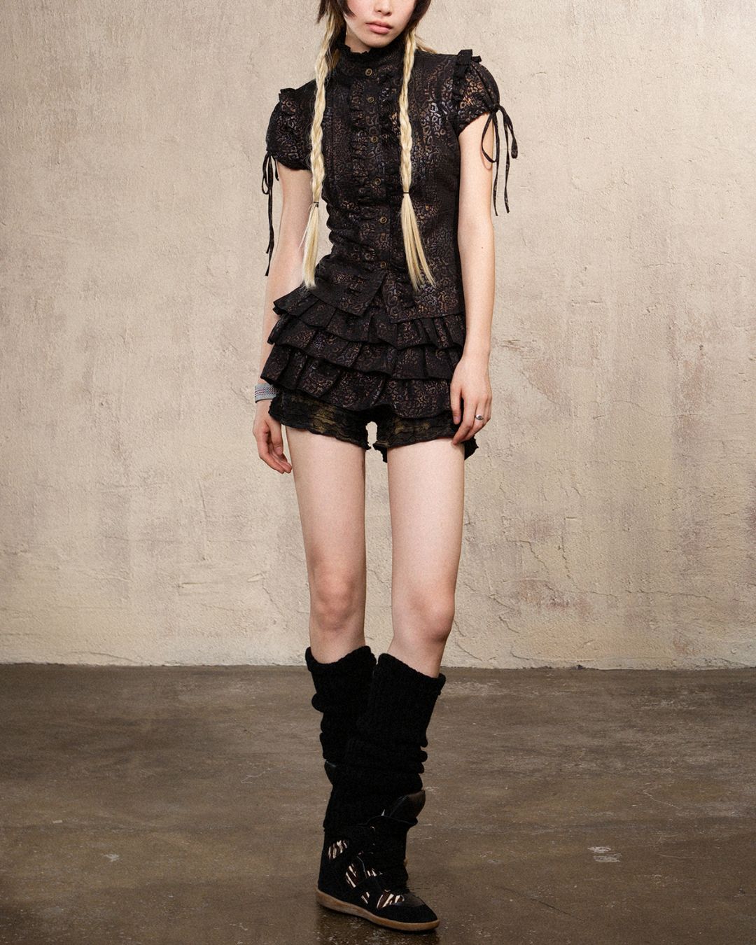 Stand Collar Leopard Print Frill Shirt　TP051