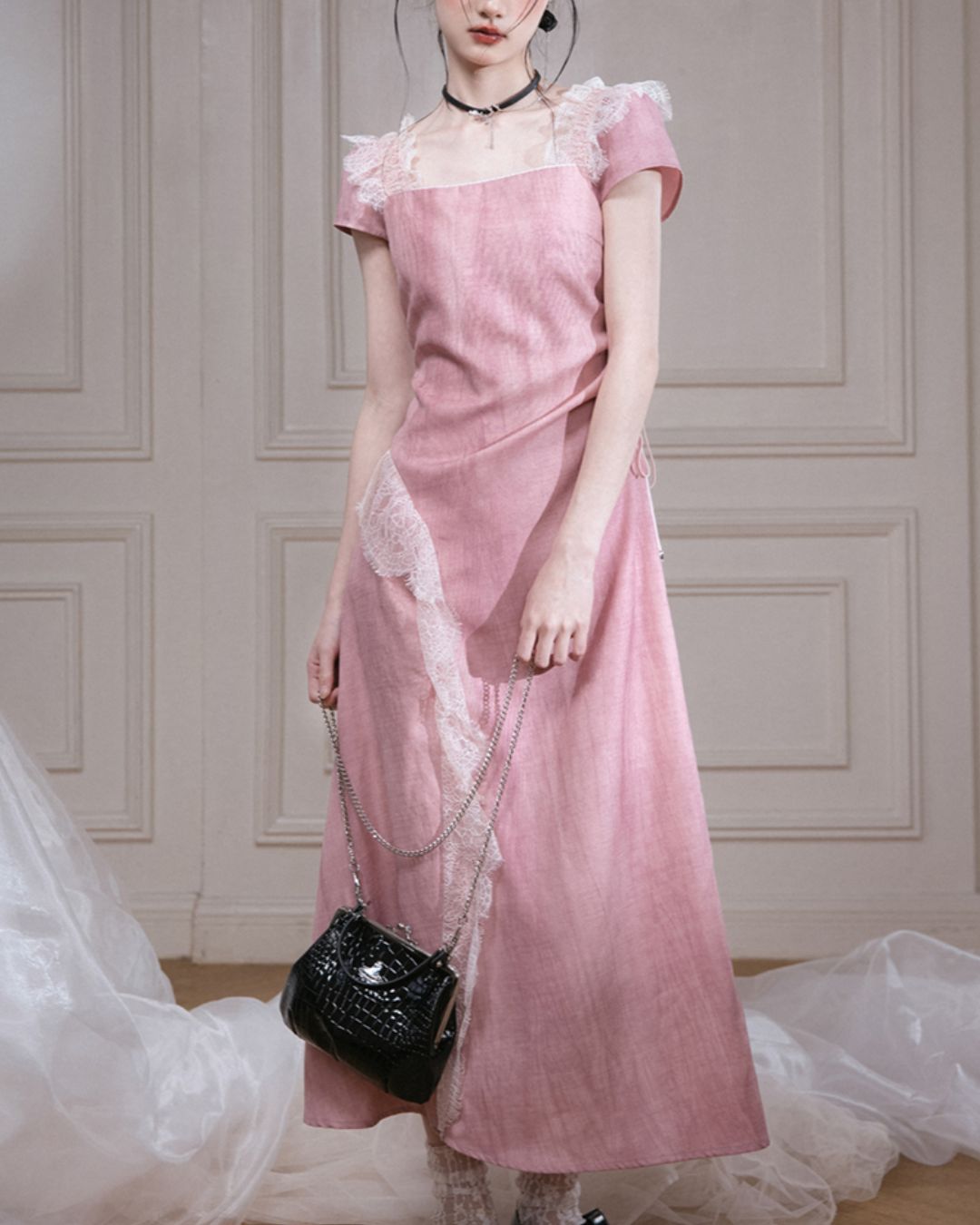 Side Waist Drawstring Lace Embellished Long Dress　DR042