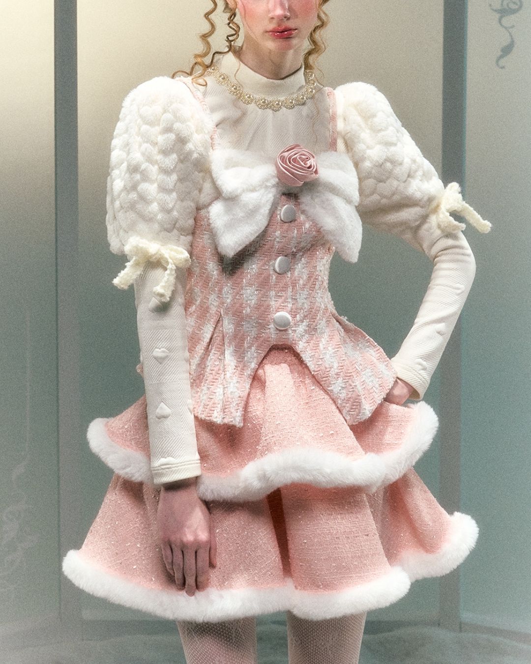 Fur Sleeves Bow Pearl Decoration Knit　TP009