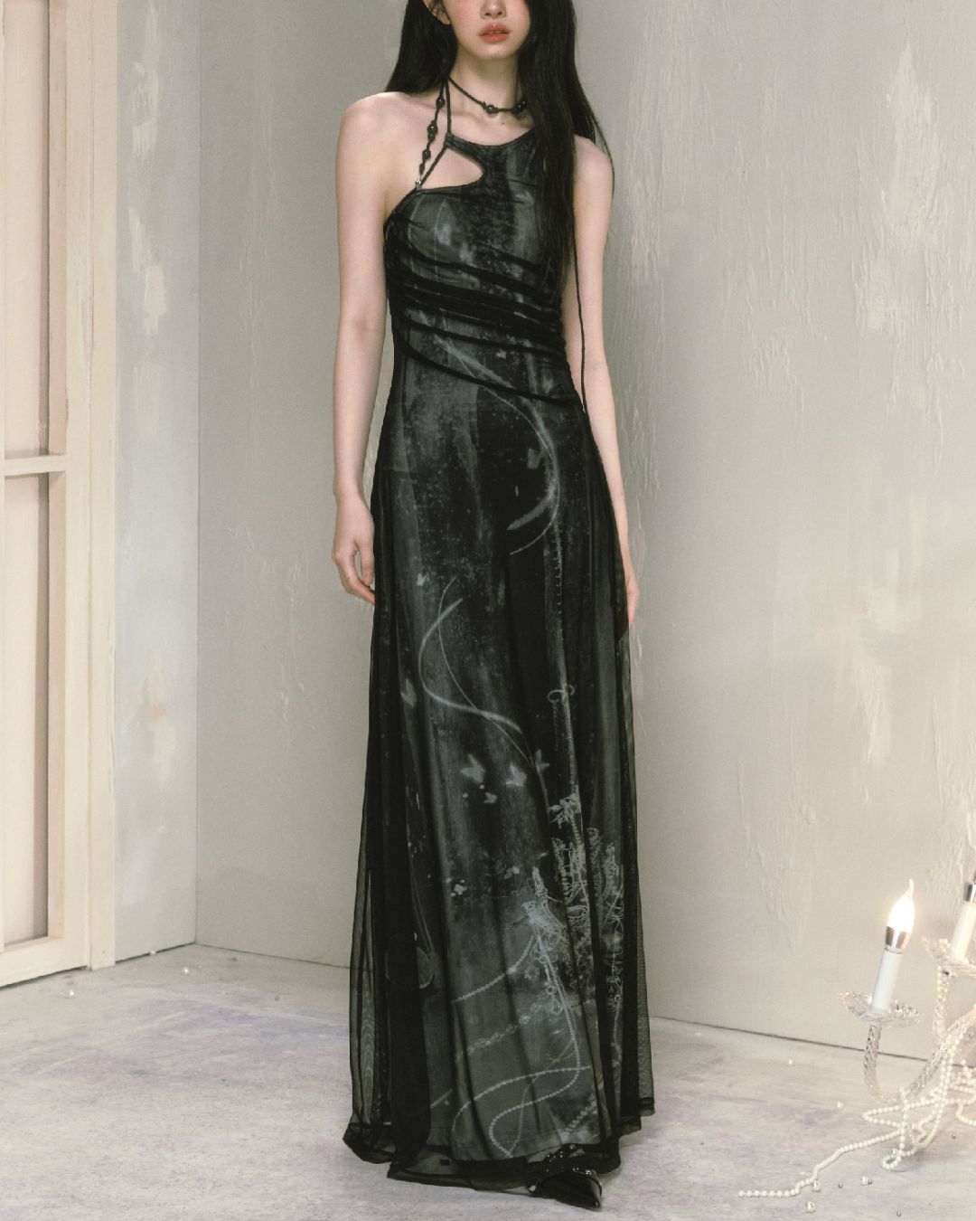 Mesh Print Beaded Halter Neck Long Dress　DR014