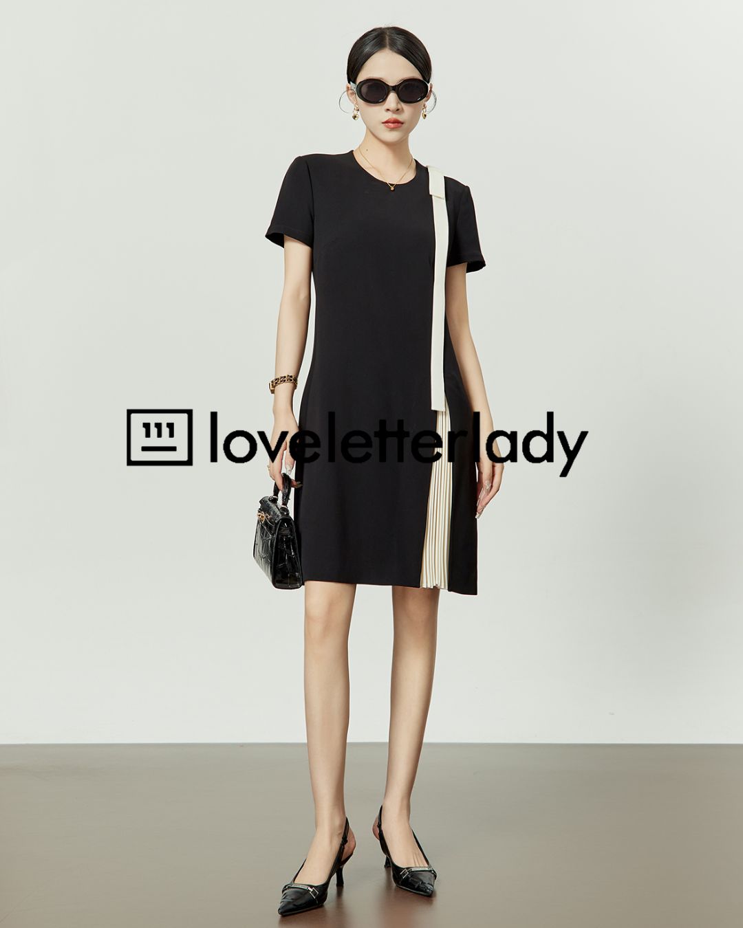 Shoulder Ribbon Pleated Black Dress　DR051