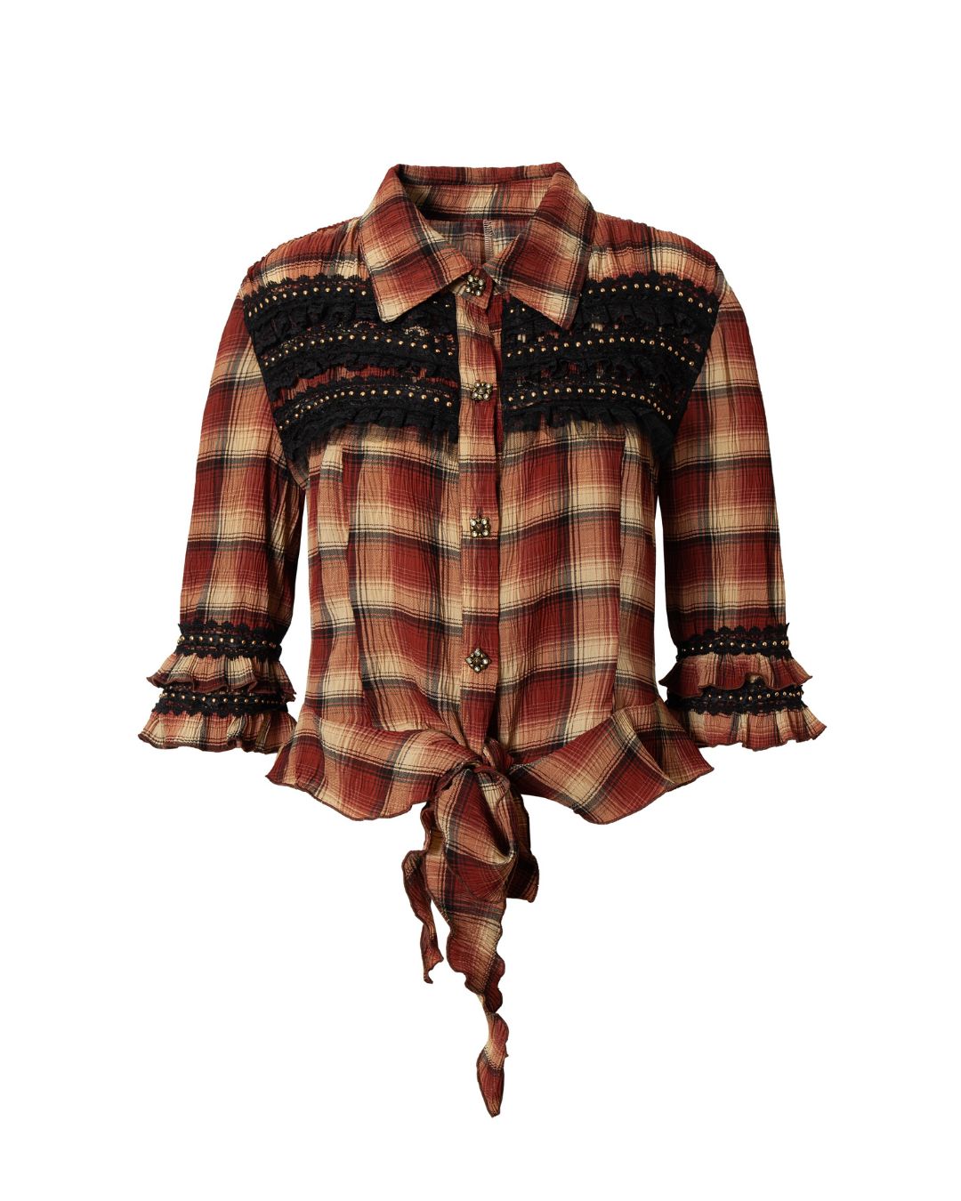 3/4 Sleeve Front Tie Check Shirt　TP043