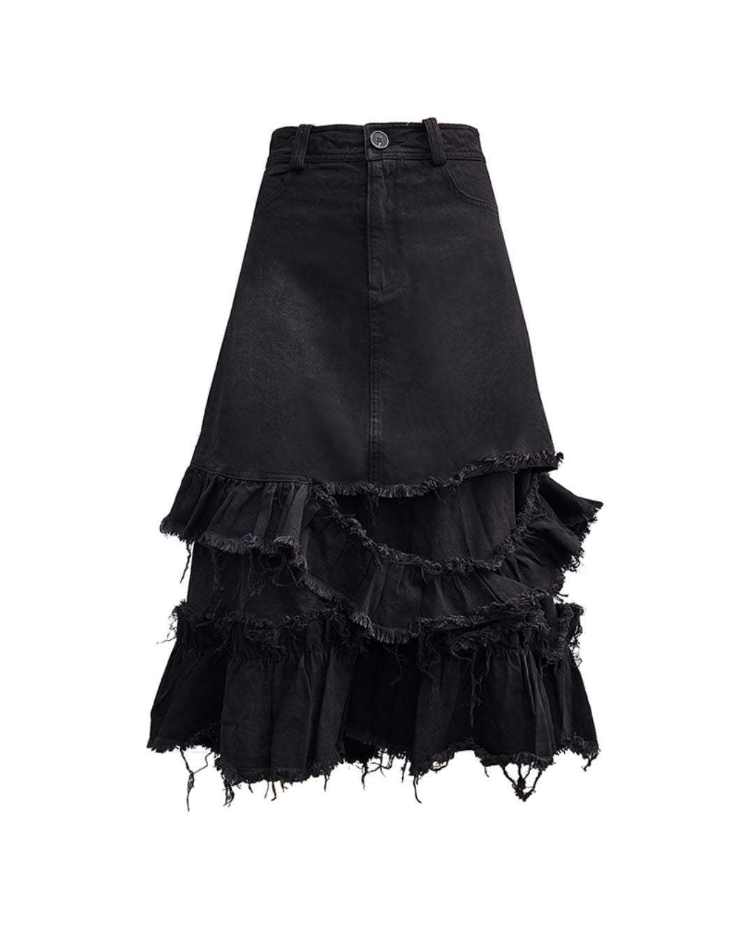 Distressed Denim Frill Midi Skirt　BT021