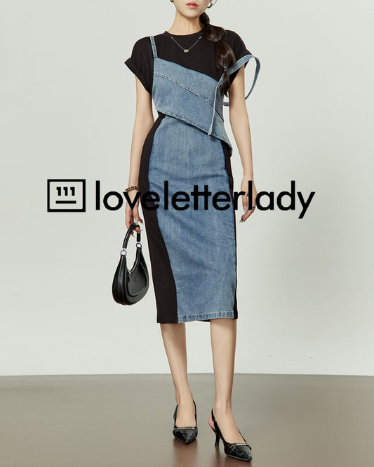 Denim Switching French Sleeve Dress　DR045