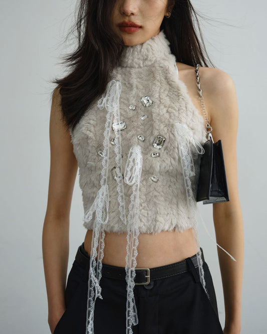 Beaded Sleeveless Fur Top　TP011