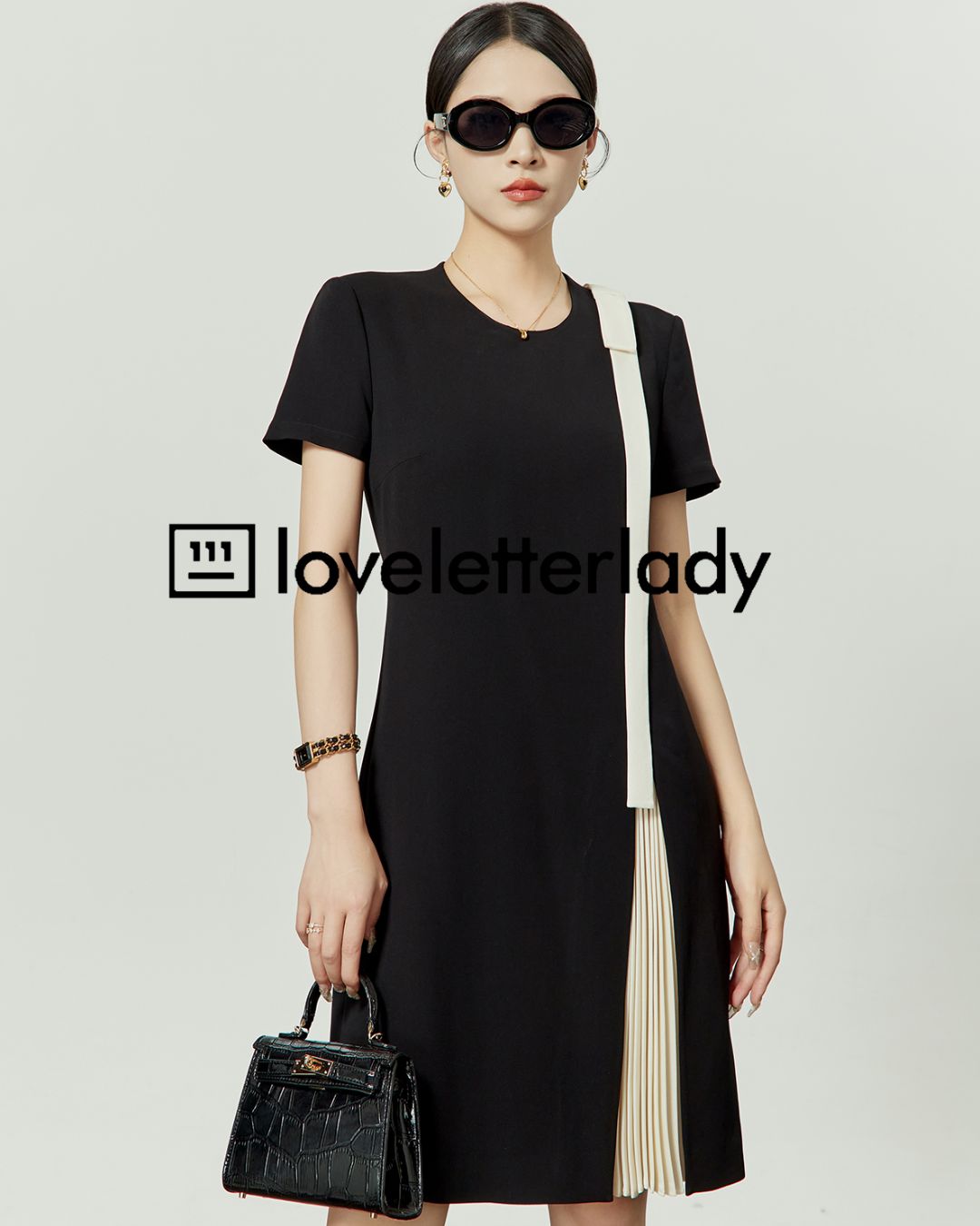Shoulder Ribbon Pleated Black Dress　DR051