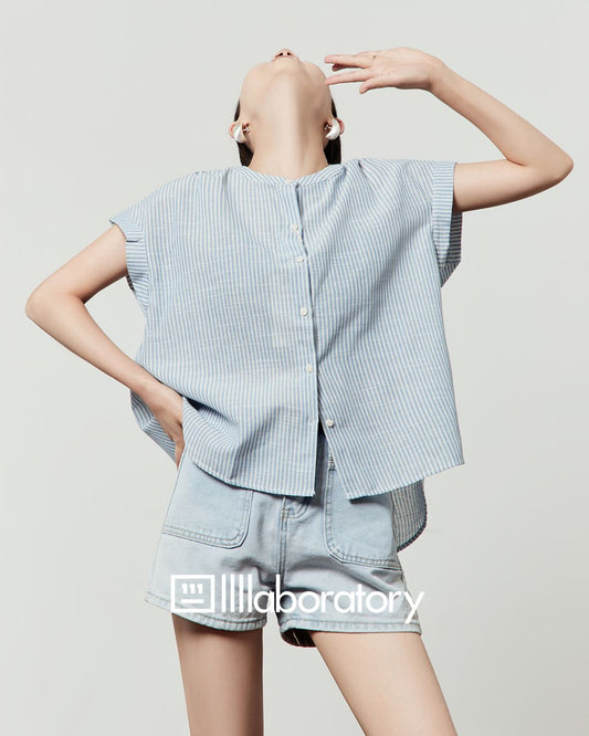 Blue Striped Collarless Shirt　TP058