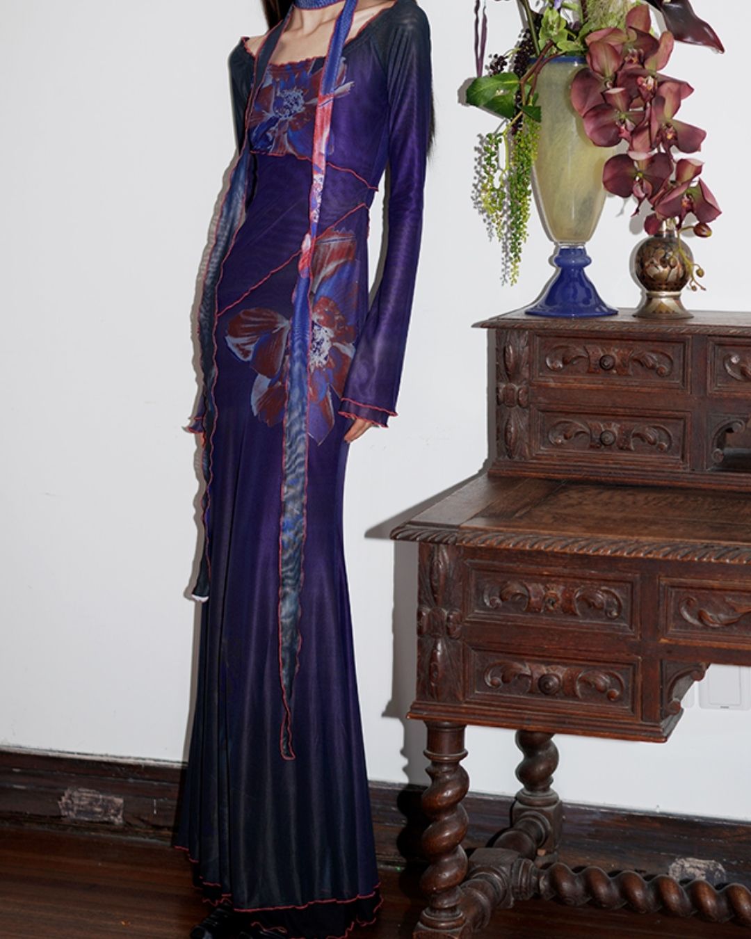 Flower Printed 2-way Long Dress　DR016