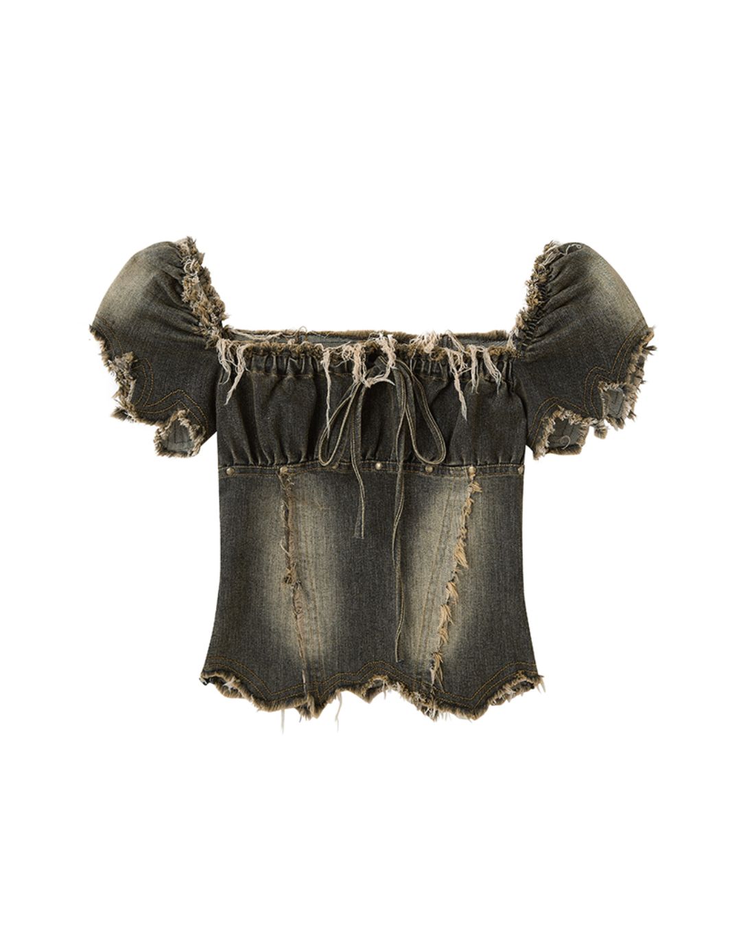 Washed Denim Puff Sleeves Top　TP029