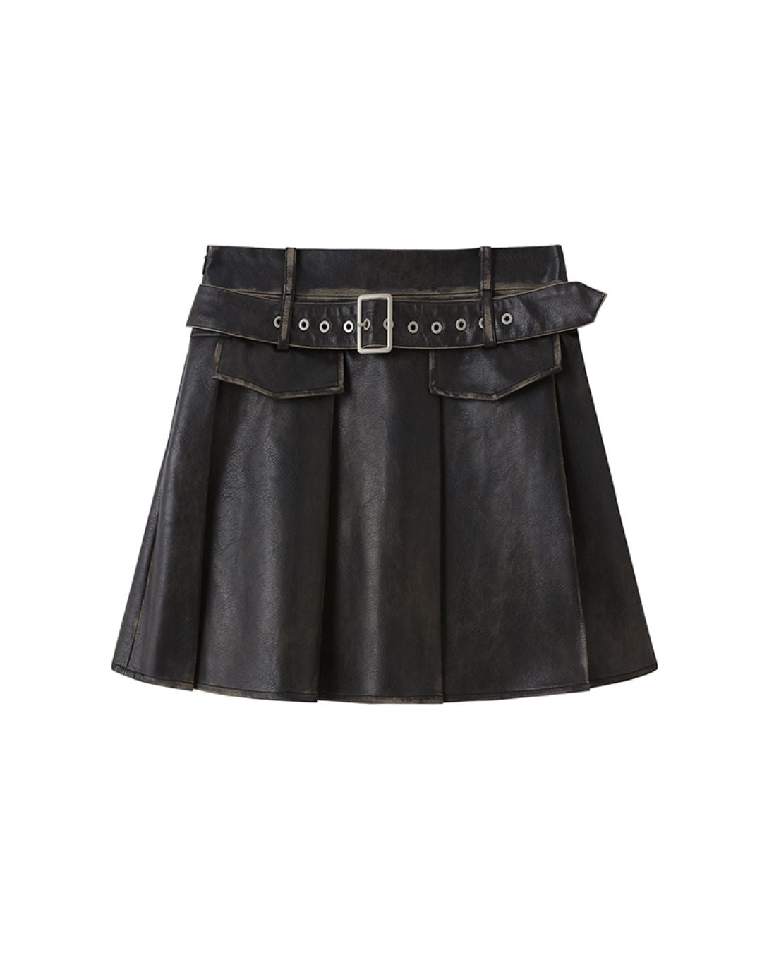 Belted Retro Pleated Leather Skirt　BT001