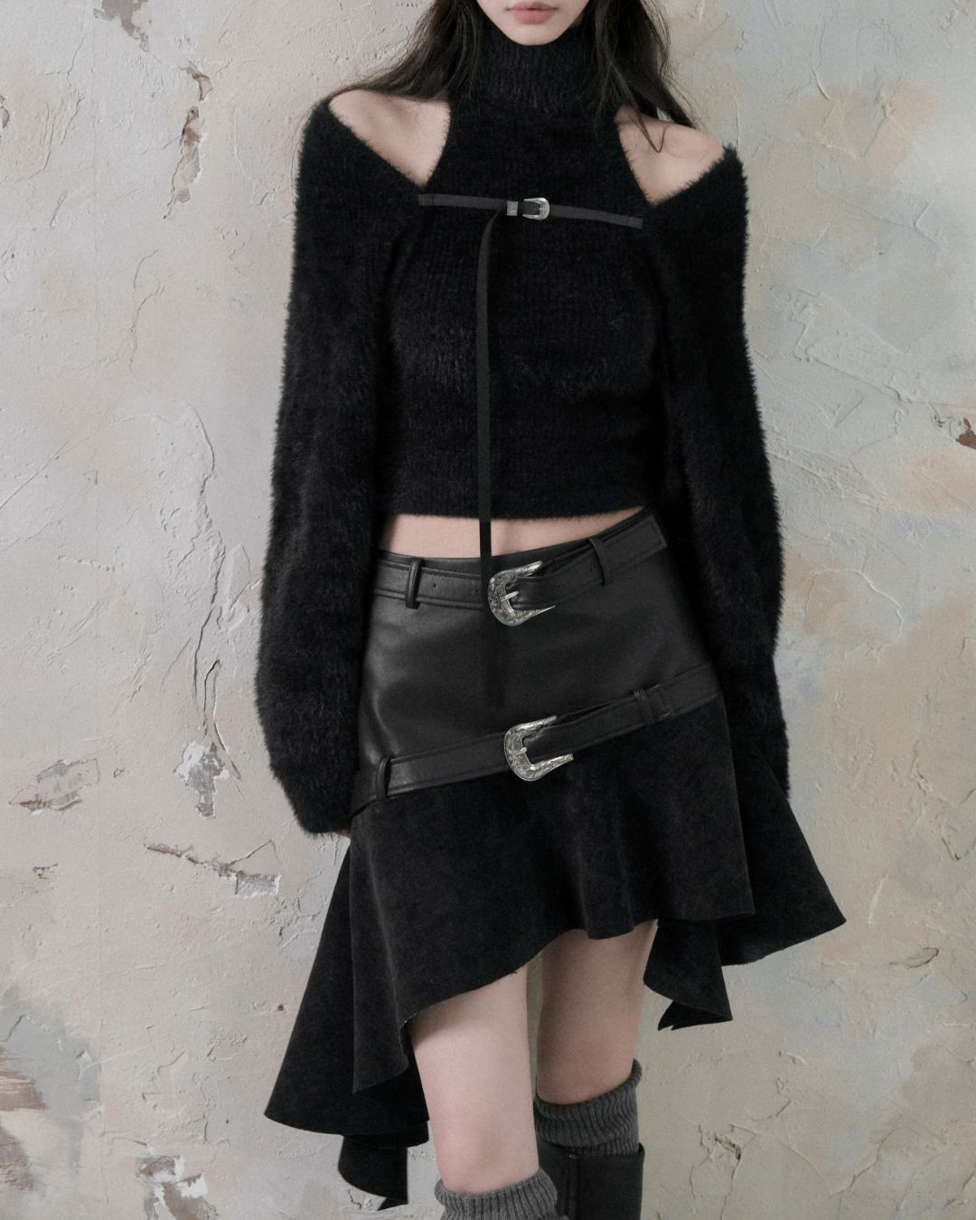 Leather And Suede Metallic Belt Asymmetric Skirt　BT019