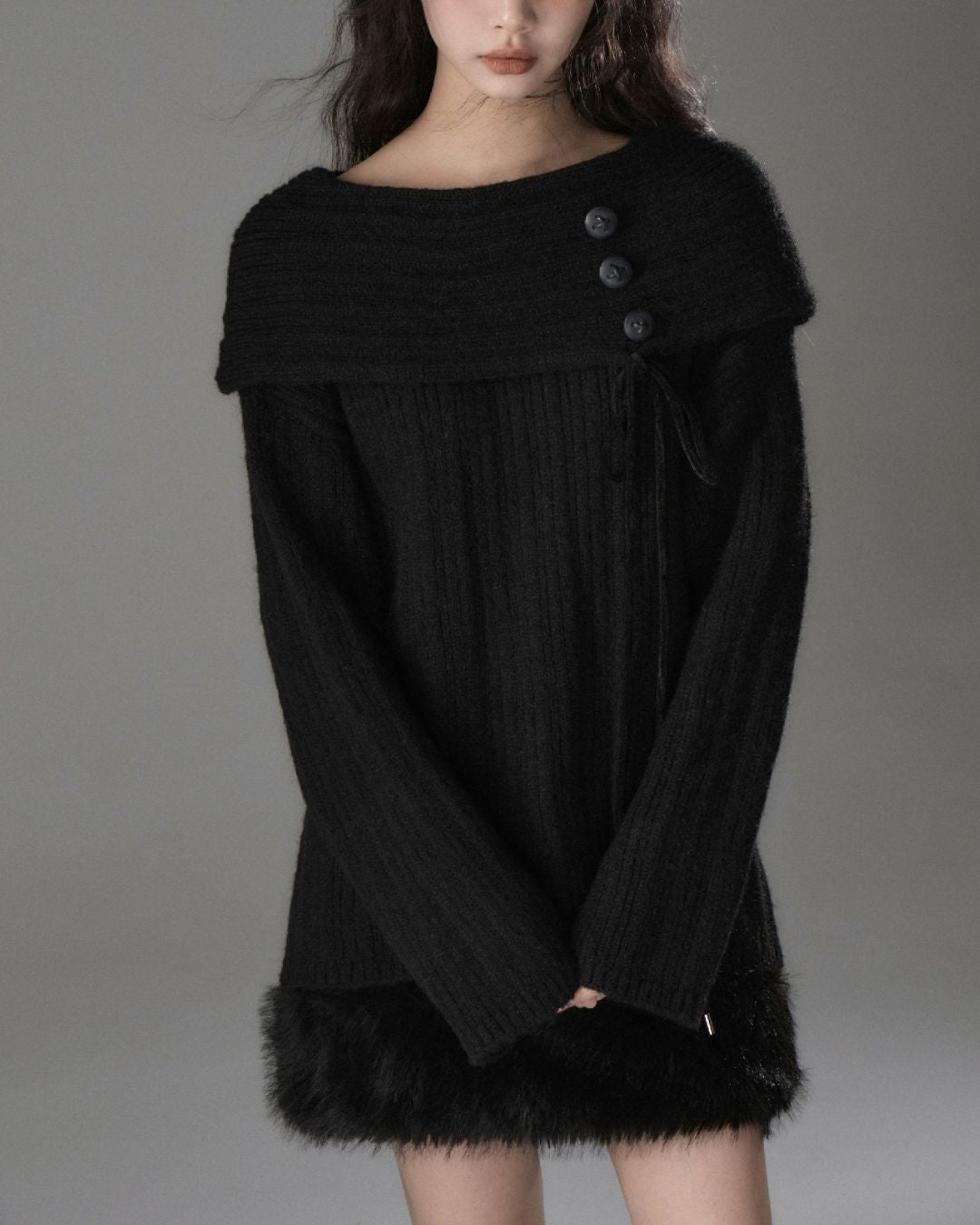 Button Ribbon Off Shoulder Knit　TP022