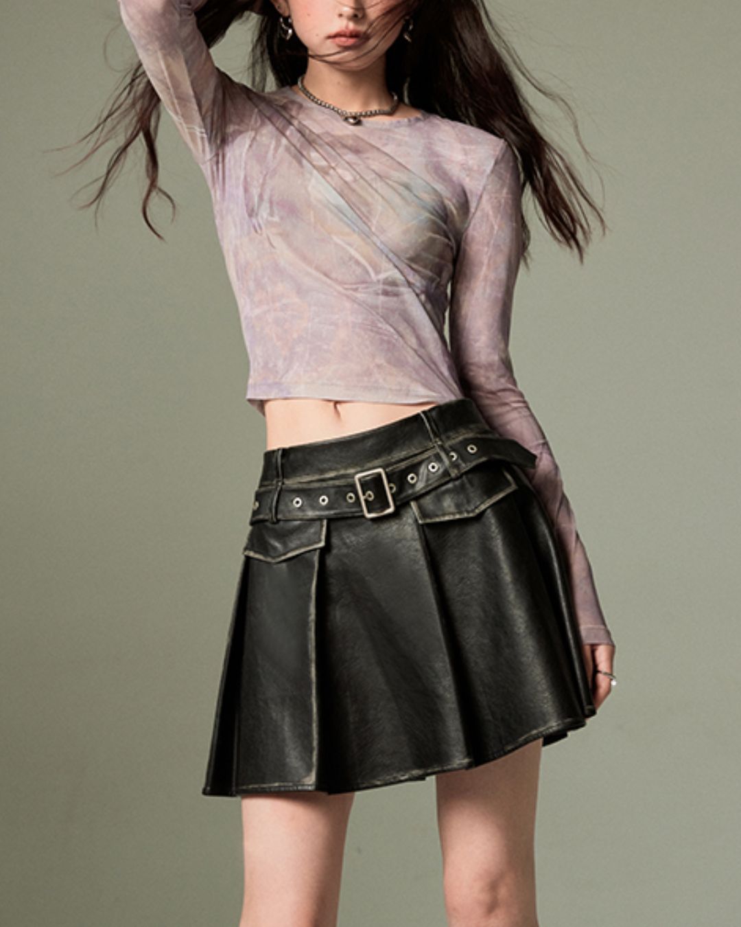 Belted Retro Pleated Leather Skirt　BT001