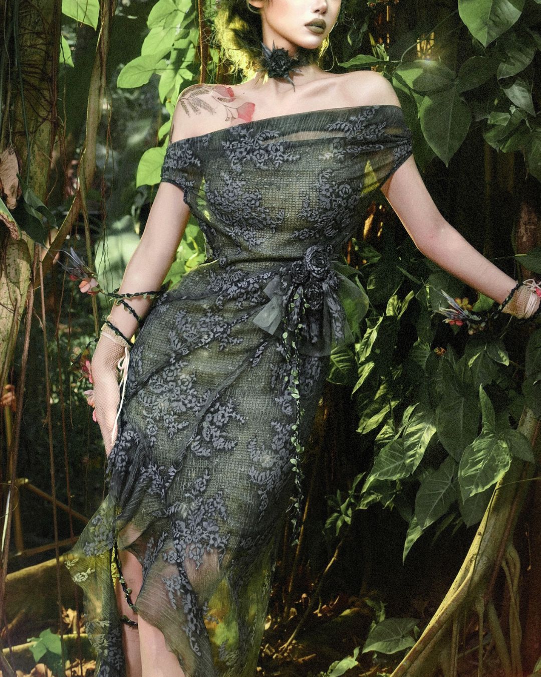 Off-the-shoulder Sheer Asymmetrical Dress　DR033