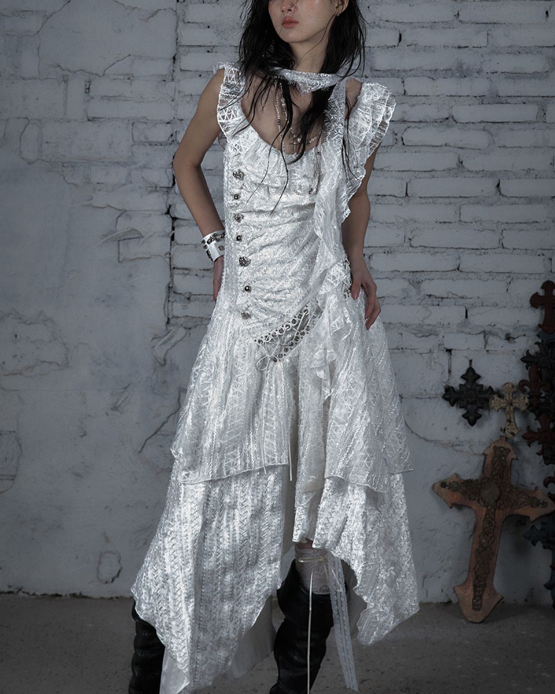 Sleeveless White Lace Asymmetrical Dress　DR038