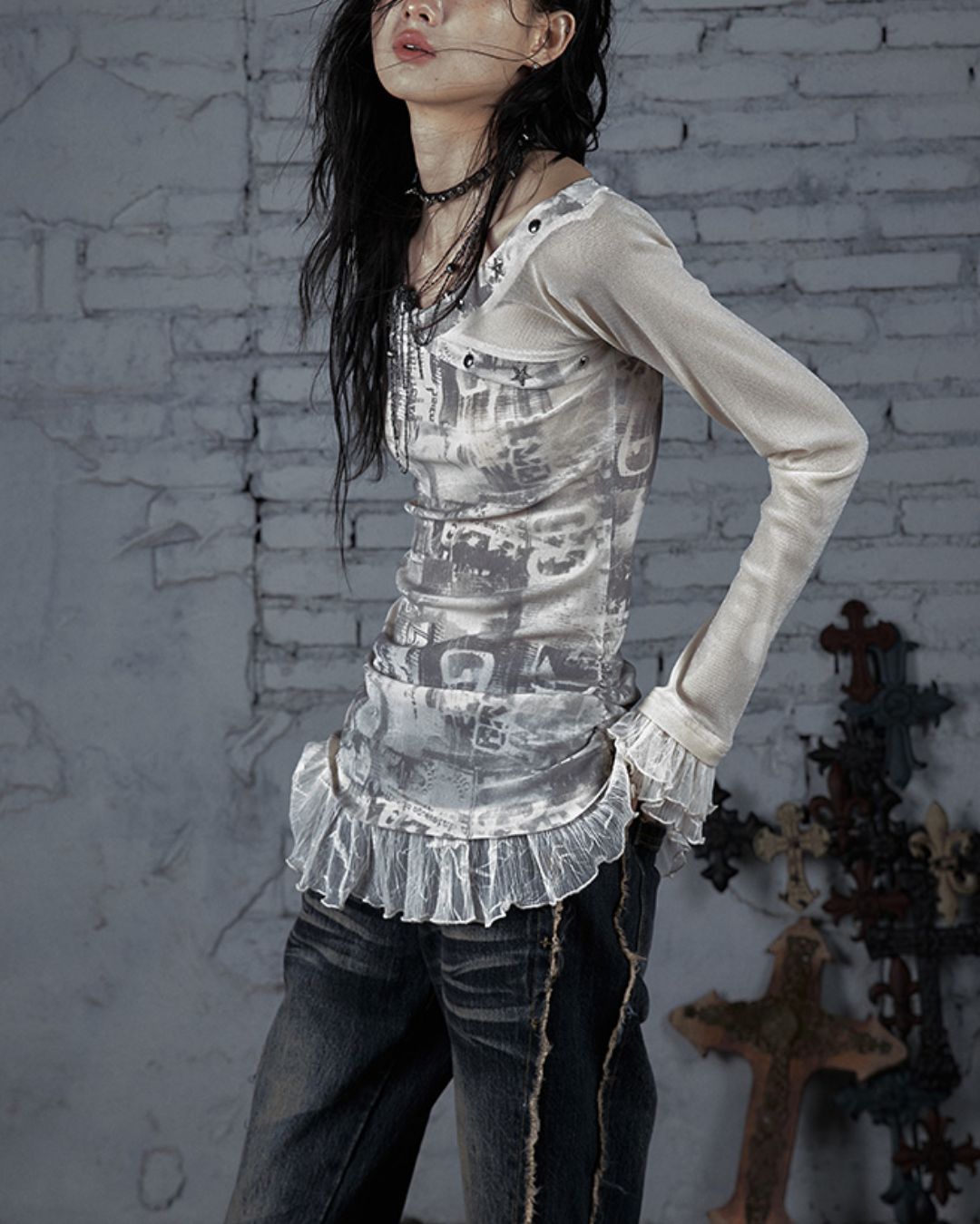 Cross Stitch Sheer Switching Top　TP044