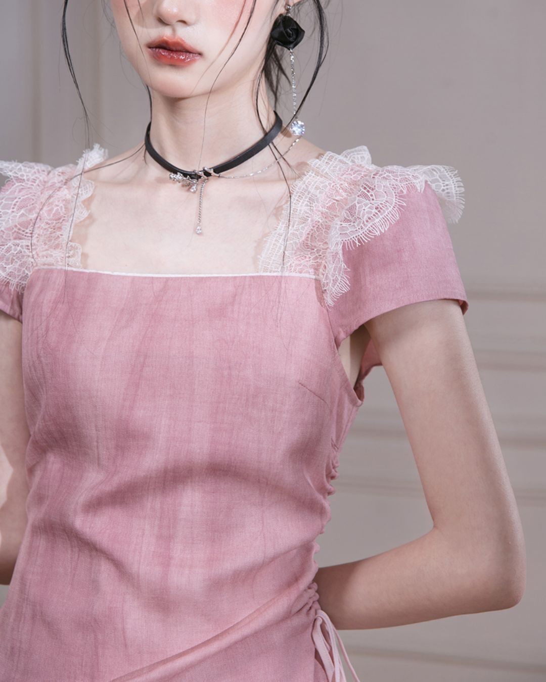 Side Waist Drawstring Lace Embellished Long Dress　DR042