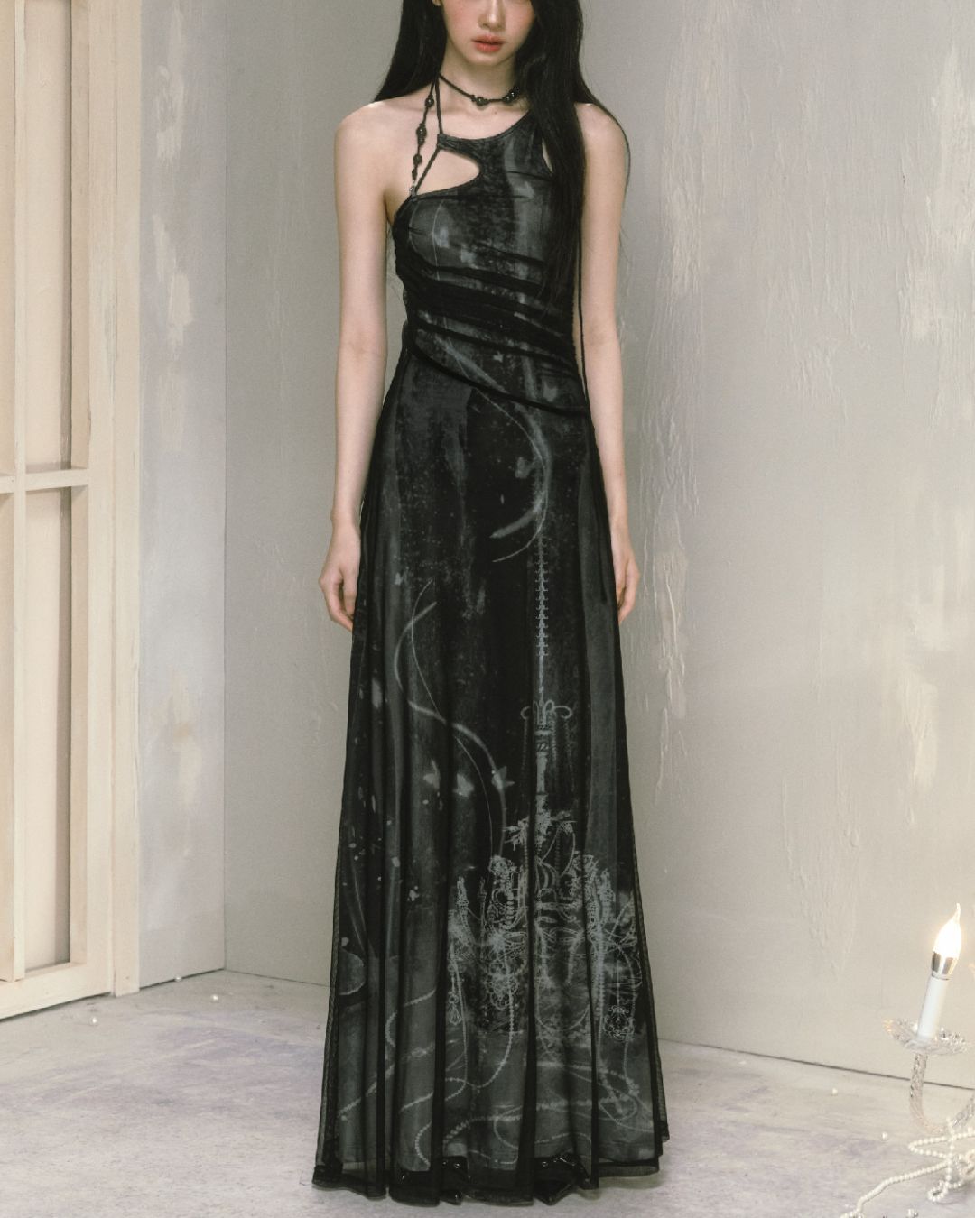 Mesh Print Beaded Halter Neck Long Dress　DR014