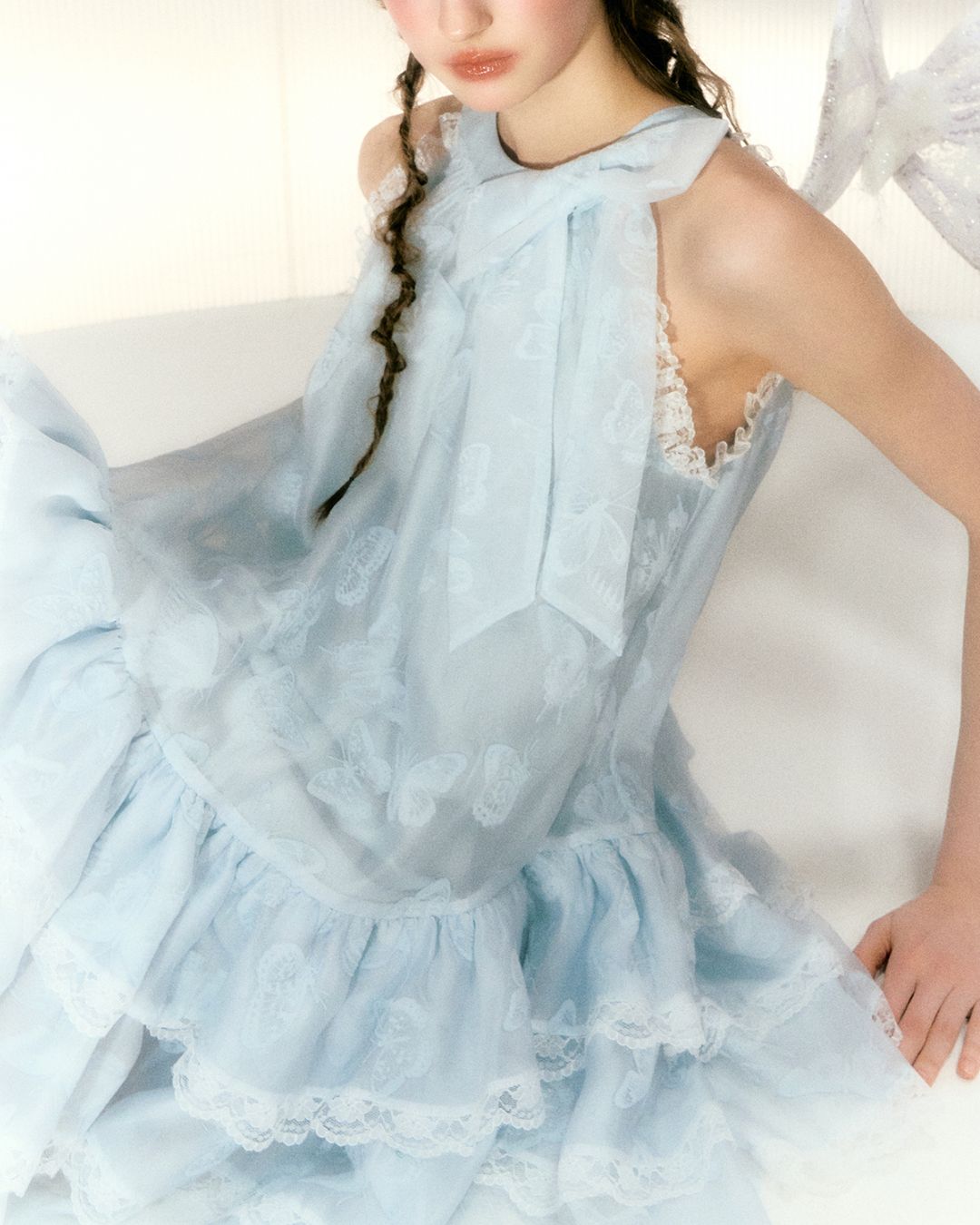 Halter Neck Butterfly Print Organza Lace Mini Dress　DR028