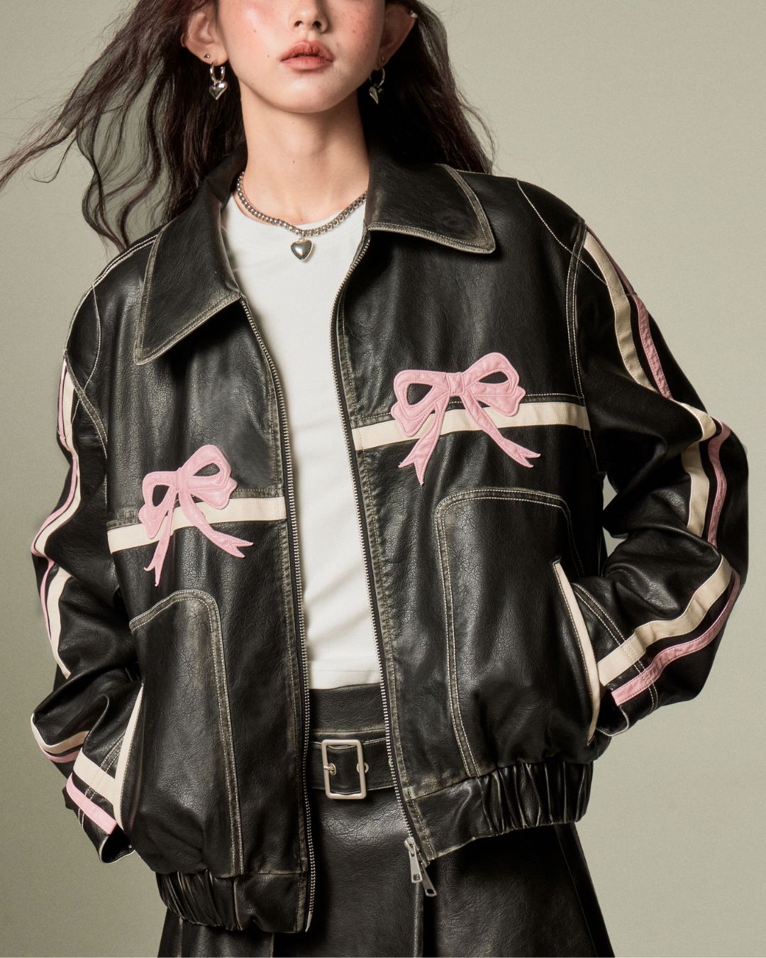 Bowknot Retro Color-Painted Leather Jacket　OT001