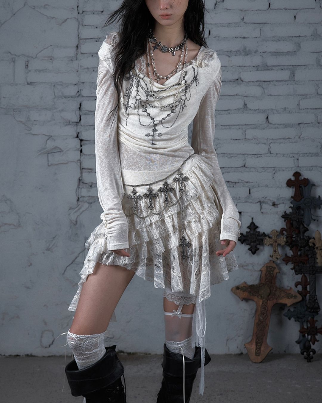 Necklace Print Lace Hooded Dress　DR037