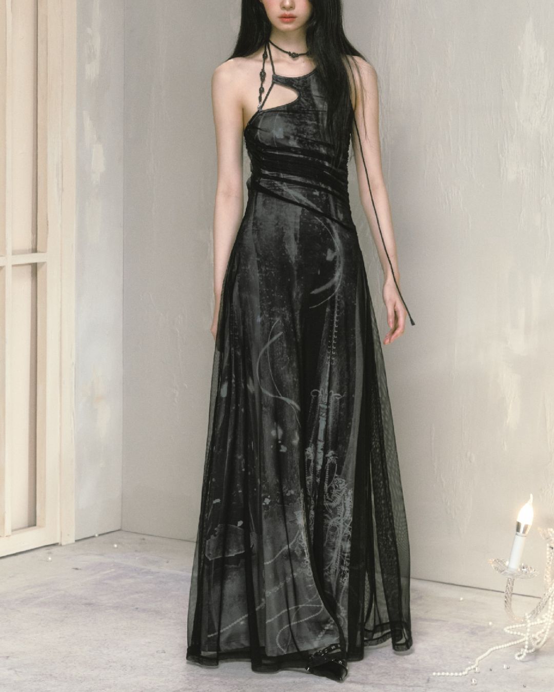 Mesh Print Beaded Halter Neck Long Dress　DR014