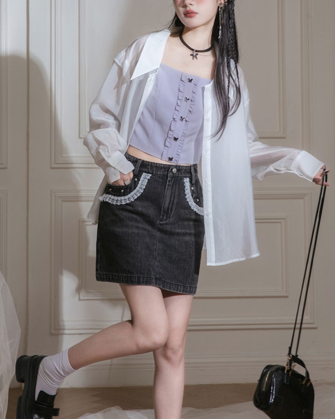 Butterfly Sheer Top & Vest & Pleated Skirt　TP024