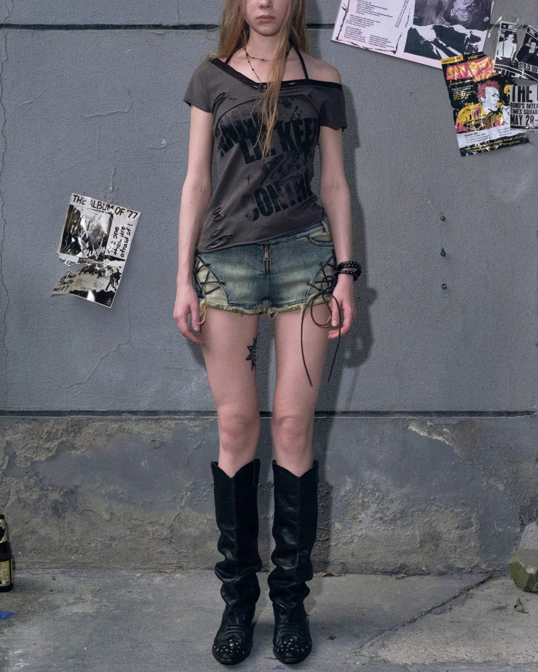 One-shoulder Raw Edge Graffiti Top　TP050