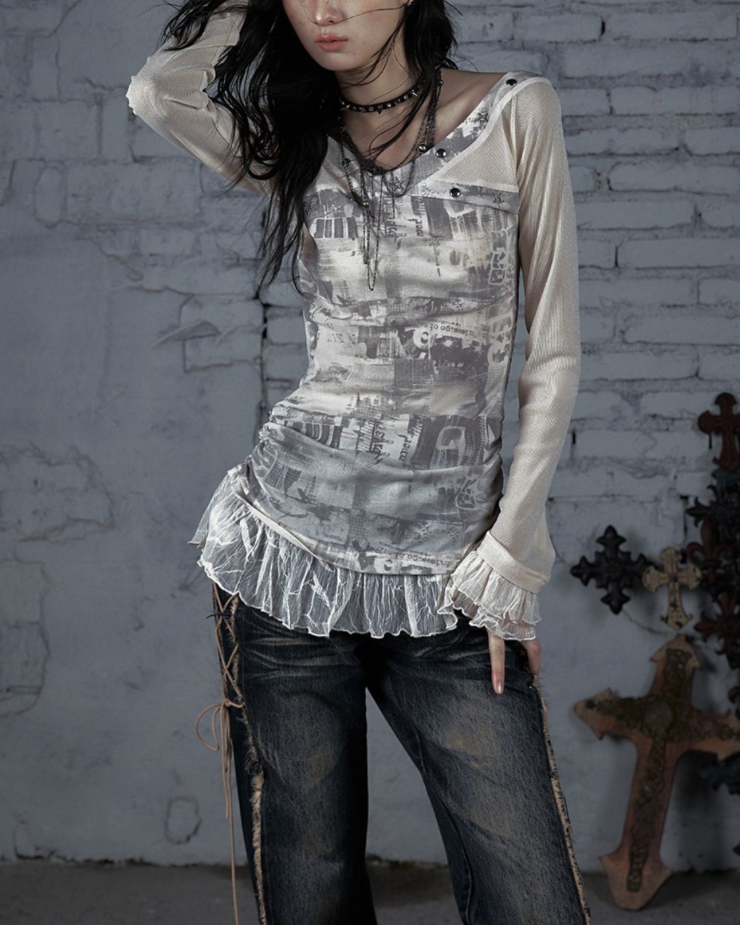 Cross Stitch Sheer Switching Top　TP044