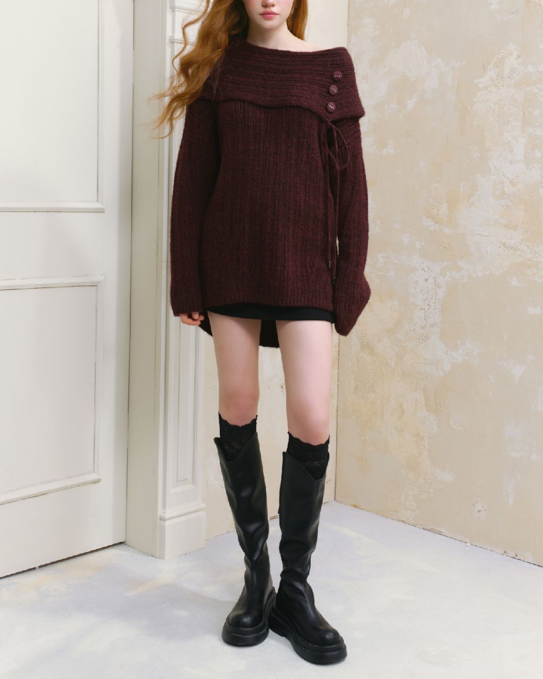 Button Ribbon Off Shoulder Knit　TP022