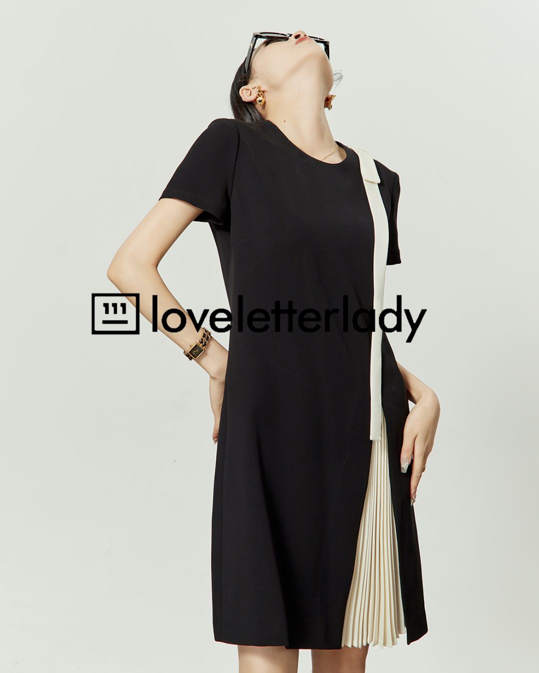 Shoulder Ribbon Pleated Black Dress　DR051