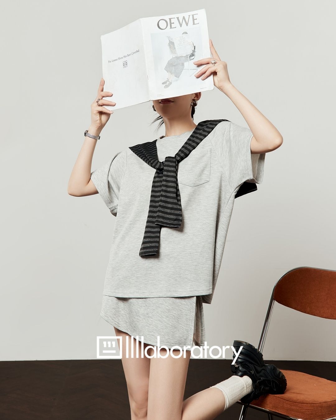 Loose T-shirt & Shorts & Border Shawl Set　TP073