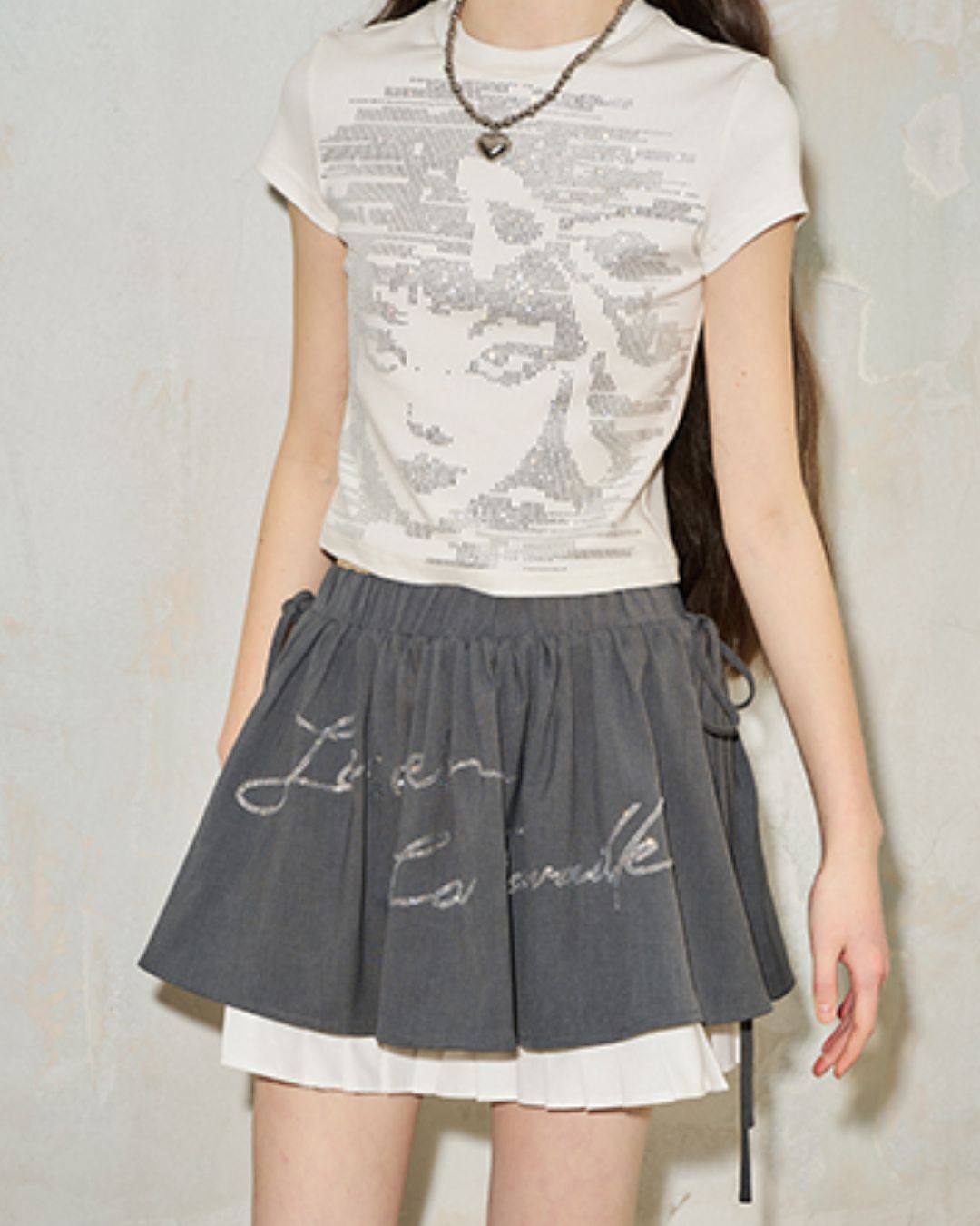 Rhinestone Logo Pleated Mini Skirt　BT026