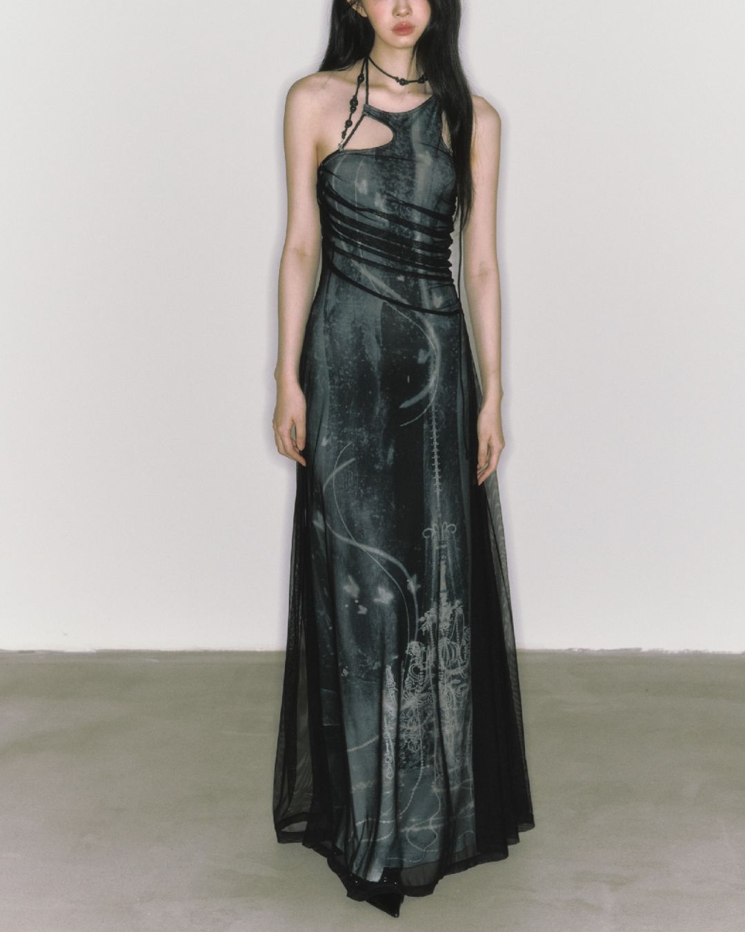 Mesh Print Beaded Halter Neck Long Dress　DR014