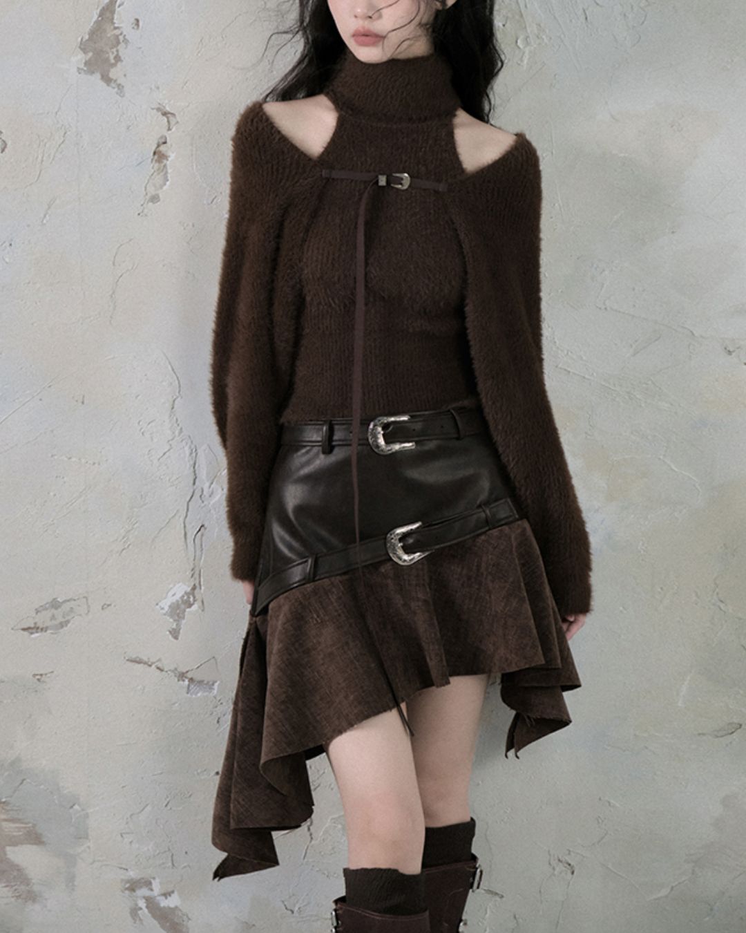 Leather And Suede Metallic Belt Asymmetric Skirt　BT019
