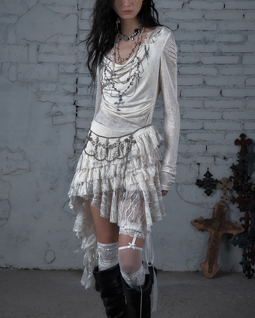 Necklace Print Lace Hooded Dress　DR037