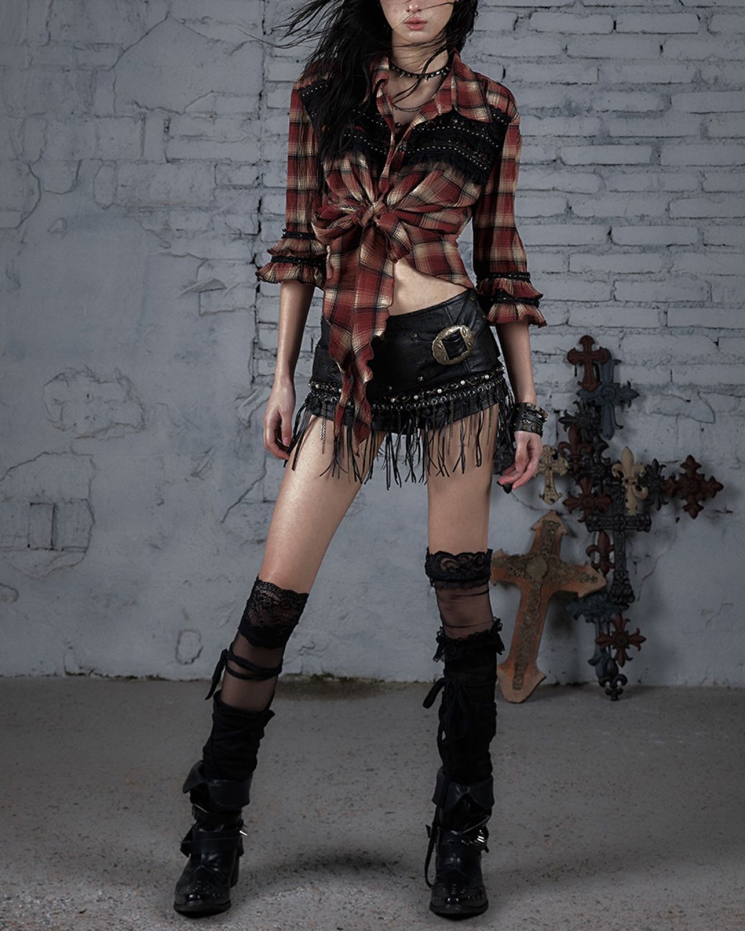 3/4 Sleeve Front Tie Check Shirt　TP043