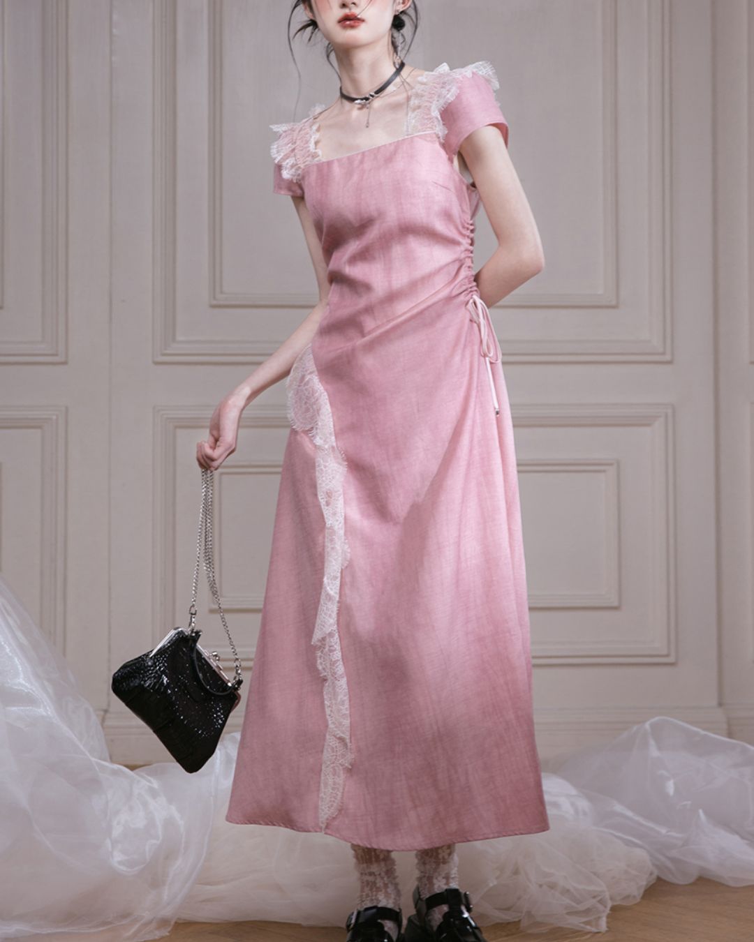 Side Waist Drawstring Lace Embellished Long Dress　DR042